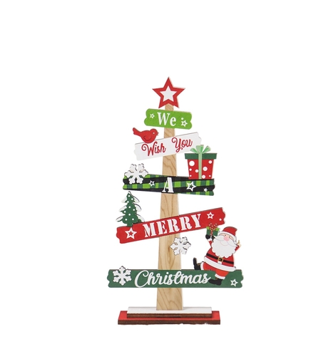 Decoratiune de Craciun din Lemn, Flippy, pentru Masa, Scris We Wish You A Merry Christmas, Model Bradut, 21.5x12.2x4 cm, Multicolor
