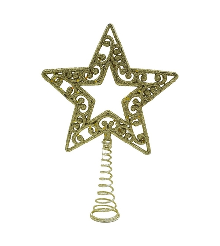 Varf decorativ de brad, Auriu, in forma de Stea, decupata in centru, din Plastic/Metal, 14 cm x 19 cm, Interior/Exterior, Flippy