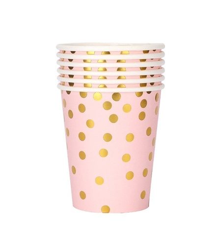 Set 10 Pahare, Flippy, Imprimeu cu Buline, din Carton, 250 ml, 7.5 x 8.5 x 5.2 cm, Roz/Auriu