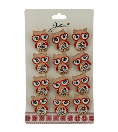 Set 12 Brose Martisor Primavara, Jolie, Model Bufnita ,cu Mesaj O Educatoare Minunata