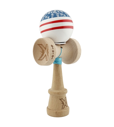 Kendama X Originala CHICANOS, Profesionala, Flippy, Cupe Mari KING SIZE V3, Super Sticky, Gaura in Baza, Rulment Metalic, din lemn 18 cm, Ata 62/65 cm, Albastru/Alb