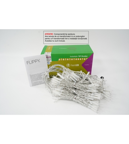 Sectiune Instalatie de Craciun Vafy Tip Perdea, cu Flash, 2 m x 2 m, 240 LED-uri, Interconectabila, Fir Transparent, Alb-Rece