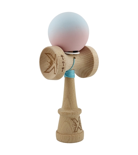 Kendama X Originala, Profesionala, Flippy, Cupe Mari KING SIZE V3, Rubber Grip, Gaura in Baza, Rulment Metalic, din lemn 18 cm, Ata 62/65 cm, Gradient Albastru deschis/Roz