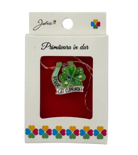 Martisor Brosa Mica in Cutie, Jolie, Design cu Mesaj, Dimensiune 2.5-3 cm, Material Metal, Model Trifoi cu Patru Foi Verde