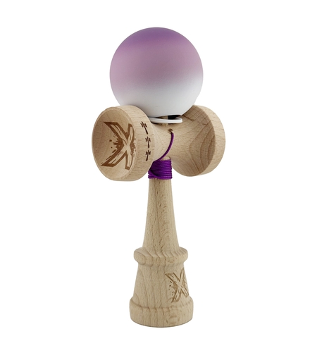 Kendama X Originala, Profesionala, Flippy, Cupe Mari KING SIZE V3, Rubber Grip, Gaura in Baza, Rulment Metalic, din lemn 18 cm, Ata 62/65 cm, Gradient Mov/Alb