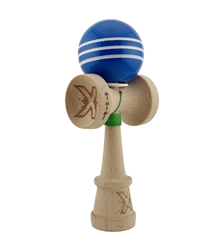 Kendama X Originala, Profesionala, Flippy, Super Sticky cu Cupe Mari KING SIZE V3, Gaura in Baza, Rulment Metalic, din lemn 18 cm, Ata 62/65 cm, Special Albastru/Alb