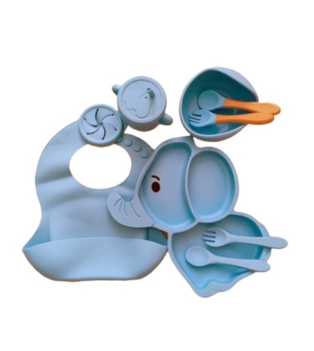 Set 10 Piese Servire Masa. Flippy, pentru Bebelusi si Copii, din Silicon/Lemn, cu Ventuze Anti-alunecare, fara Alergeni. +6 Luni, Model Elefant, Albastru Deschis