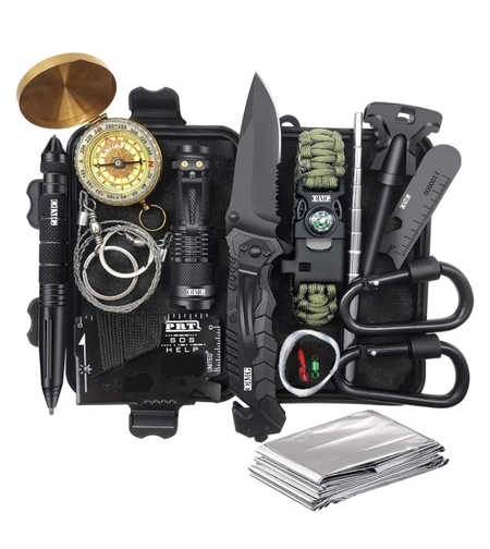 Kit supravietuire multifunctional 16 in 1 Flippy, Instrumente profesionale, Agatatoare ghiozdan, pentru Camping, Drumetii, Aventuri in aer liber, borseta inclusa, negru
