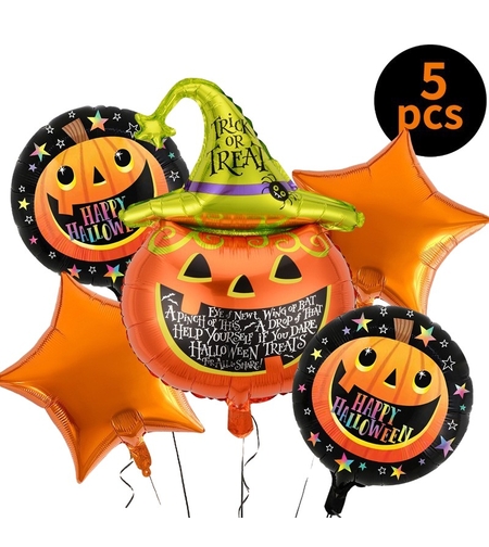 Set 5 Baloane din Folie Metalizata, Flippy, Figurine, Tema Halloween, Pai Inclus, Ambalaj Individual, Umflare cu Aer sau Heliu, Figurina Dovleac 54x87 cm, Stelute si Cerculete 45 cm, Multicolor
