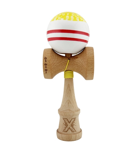 Kendama X CHICANOS Originala, Profesionala, Flippy, Big Cups V2, Super Sticky cu Cupe Mari, Rulment Metalic, din lemn 18 cm, Ata 55 cm, Auriu/Alb