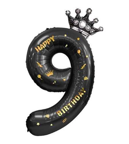 Balon din Folie Metalizata Flippy, Figurina Cifra si Coroana, Scris Happy Birthday, Tema Aniversare 100 cm, Ambalaj Individual, Pai inclus, Umflare cu Aer sau Heliu, Negru, Cifra 9