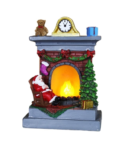 Decoratiune de Craciun tip Semineu, Flippy, Semineu Decorativ cu Foc din Rasina, Model Semineu cu Mos Craciun, Flacara Iluminare LED, 13.5 x 9 x 6 cm, Gri Rosu