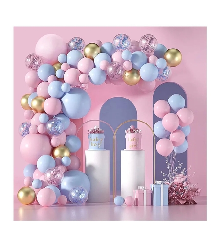 Baloane decorative pentru GENDER PARTY, Flippy, Arcada Set 130 baloane, Arcul de Baloane Roz si Albastru, Baloane Confetti Aurii, Multicolor