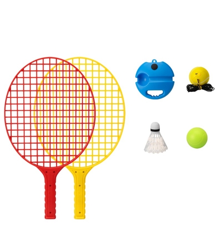 Set Badminton pentru Copii, Flippy, Doua Palete, Fluturas, 2 Mingi, Minge cu Elastic pentru Antrenament, Suport de Prindere Stabil, 40.5x23 cm, Rosu Galben