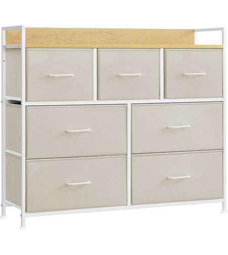 SONGMICS Comoda cu 7 sertare textile, cadru metalic si blat din PAL, design industrial, 98x29x85 cm, alb crem