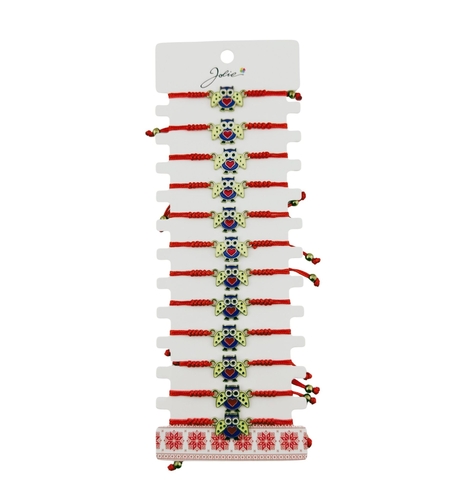 Martisor Bratara pentru Dama si Copii, Jolie, Model Bufnita Inteleapta cu Inimioara, Set 12 bucati, Pandantiv Emailat, Snur Reglabil, Rosu/Multicolor