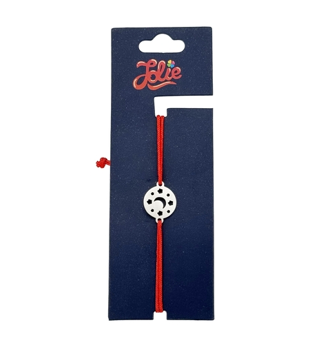 Martisor Bratara Inox pentru Copii, Jolie, Model Luna cu Stele, din Inox si Metal Inox, Snur Rosu, Argintiu