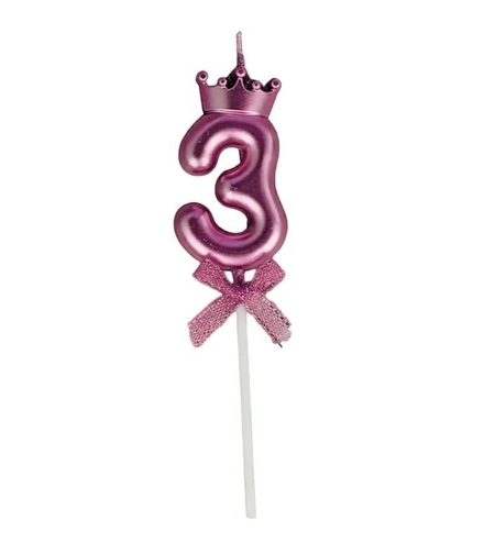 Lumanare Cifra 3, Flippy, Model Coroana cu Fundita, Pentru Tort, 6 x 2.5 cm Mov
