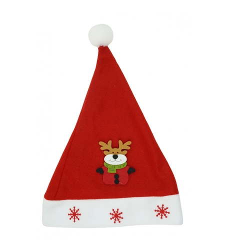 Caciulita de Mos Craciun, Flippy,cu model de Ren si ornament fulg de nea, rosie, marime universala, material textil