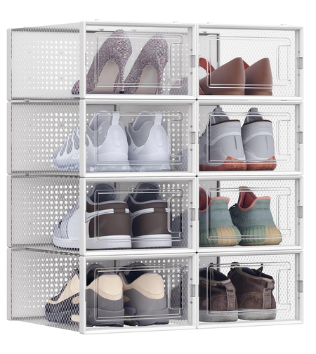 SONGMICS Organizator pantofi cutii stivuibile, cu usa transparenta, plastic, 8 module de 33x23x14 cm, alb