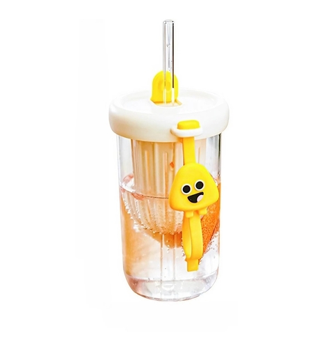 Pahar din silicon, cu capac si pai, pentru copii, Flippy, anti-cadere, compartiment pentru fructe/ceai/gheata, rezistent la temperaturi inalte, 500ml, Alb, 14.5x8.8x20 cm