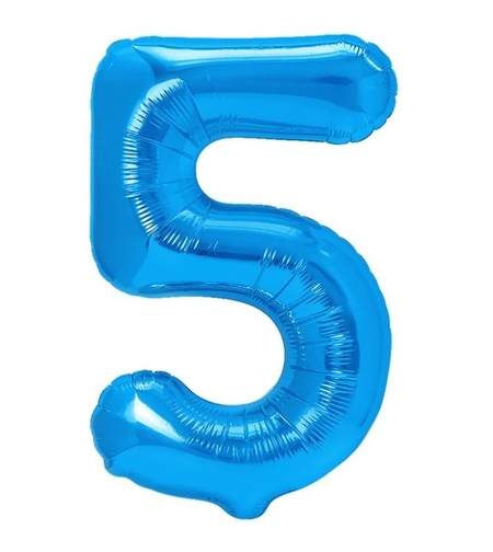 Balon din Folie Metalizata, Flippy, Figurina Cifra, Tema Aniversare 80 cm, Ambalaj Individual, Pai inclus, Umflare cu Aer sau Heliu, Albastru, Cifra 5