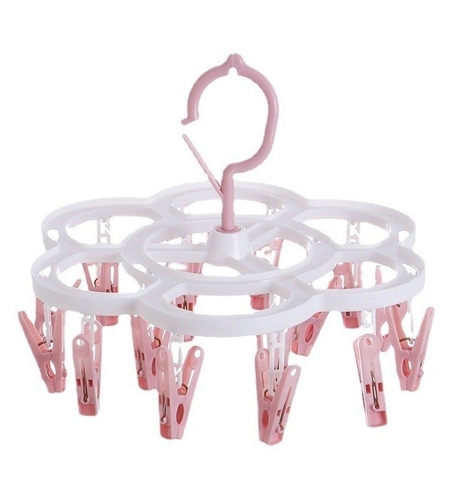 Uscator de Rufe Suspendat Flippy, cu 16 Carlige, Rotire 360 Grade, Mateiral Plastic, Usor de Depozitat, Multifunctional, 26 x 21 cm, Roz