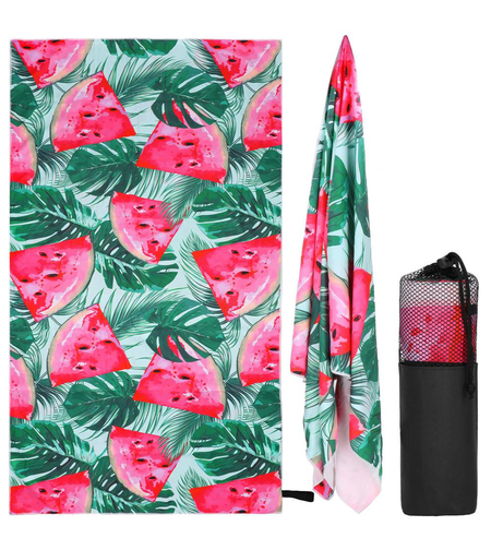 Prosop de plaja cu uscare de rapida, husa de transport, 90x180cm, model pepene verde