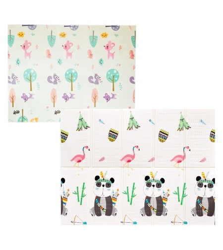 Covoras pentru Copii, Flippy, cu 2 Fete, Model Caprioare/Panda, din XPE+PE, Impermeabil, Antiderapant, Protectie Termica, +3 Luni, Pliabil, 150 x 200 x 1 cm, Multicolor