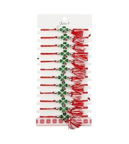 Martisor Bratara cu Ciucure pentru Dama, Jolie, Model Trifoi Verde cu Buburuza, Set 12 bucati, Pandativ din Inox cu Piatra, Snur Reglabil, Rosu/Alb
