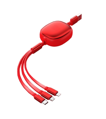 Cablu Retractabil Universal pentru Telefon, Flippy, Universal 3in1 pentru Orice Tip de Telefon, Micro-USB, Lightning, TYPE-C, 1.2M, Rosu