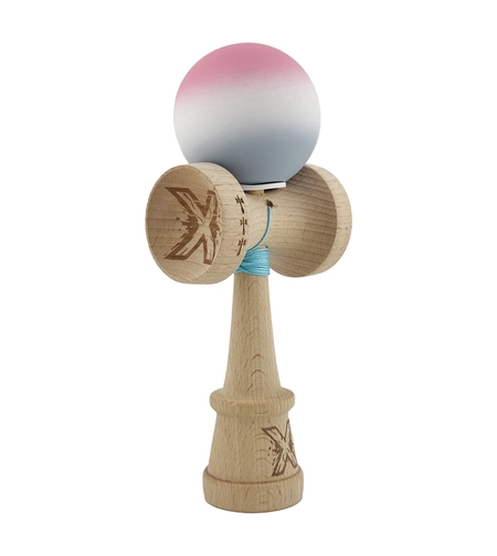 Kendama X Originala, Profesionala, Flippy, Rubber Grip, Cupe Mari KING SIZE V3, Gaura in Baza, Rulment Metalic, din lemn 18 cm, Ata 62/65 cm, Gradient Roz/Alb/Gri
