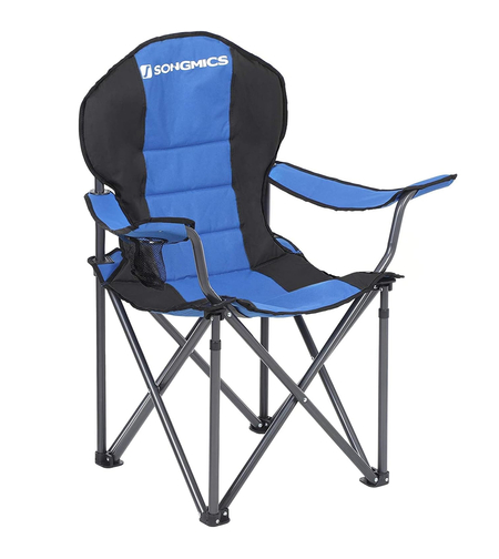 SONGMICS Scaun pliabil camping cu sezut buretat, suport bauturi, husa transport, 250 kg, 90x55x102 cm, albastru