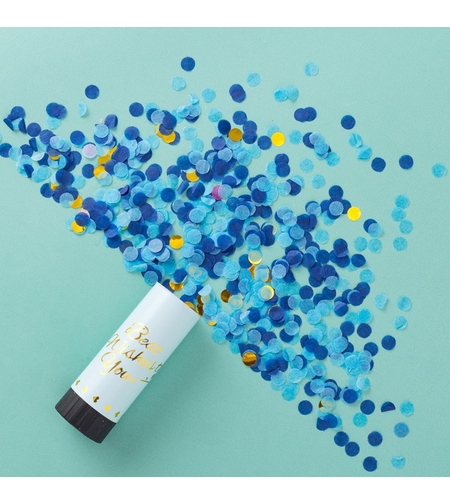 Tun de Confetti, Flippy, Best Wishes 11 x 4 cm, Model Buline din Hartie si Folie, Albastru