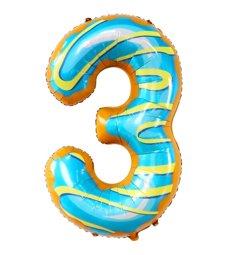 Balon din Folie Metalizata Flippy, Figurina Cifra, Imprimeu Gogosi, Tema Aniversare 100 cm, Ambalaj Individual, Pai inclus, Umflare cu Aer sau Heliu, Multicolor, Cifra 3