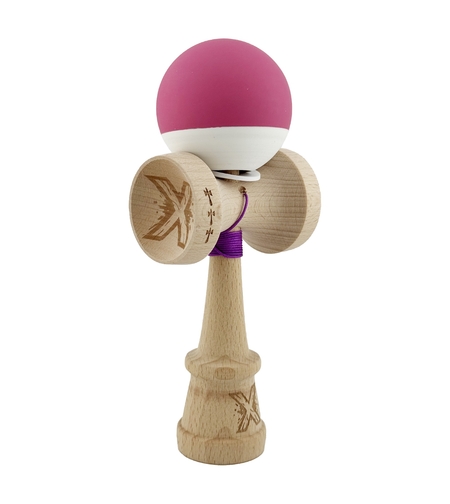 Kendama X Originala, Profesionala, Flippy, Rubber Grip, Cupe Mari KING SIZE V3, Gaura in Baza, Rulment Metalic, din lemn 18 cm, Ata 62/65 cm, Bicolor Roz inchis/Alb