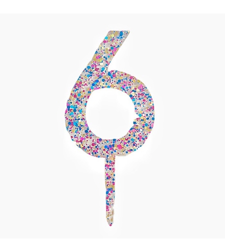 Decoratiune Topper pentru Tort, Flippy, din Acrilic cu Fulgi de Sclipici, Model Cifra 6, Inaltime 18.5 cm, Transparent Multicolor
