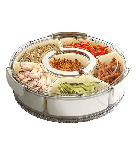 Cutie de Depozitare pentru Alimente, Flippy, cu 6 Compartimente, pentru Condimente, Fructe, Legume, cu Manere de Prindere, Rotativa 360 de Grade, Inchidere Ermetica, 32x10 cm, Alba