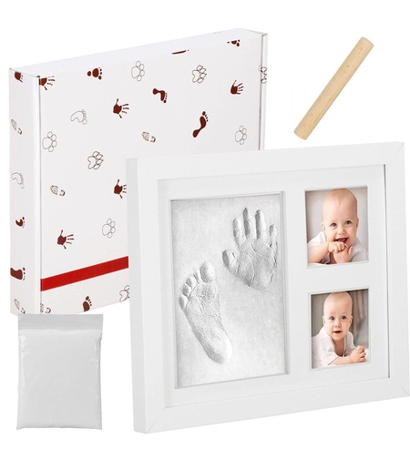 Kit amprenta mulaj manuta sau piciorus bebe si rama foto, 23x28cm, cu cutie de cadou, cadrul alb