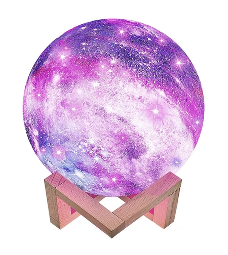 Lampa de veghe in forma de luna cu stele 3D Moon Light, alimentare baterii, stand din lemn inclus, 10 cm, Flippy