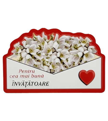Martisor pentru Invatatoare, Flippy, Set 24 Bucati, Magnet Martisor pentru Frigider, Mesaj pentru Invatatoare, 10 x 6 cm, Alb Rosu