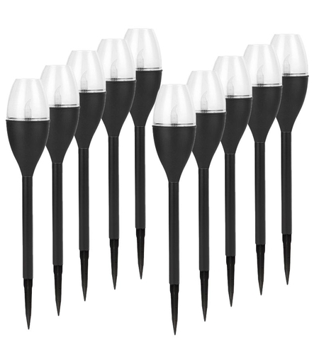 Lampa solara LED pentru gradina, Flippy, Set 10 Bucati, Tip Pahar de Vin, Inaltime 37.5 cm, efect de flacara, PVC si ABS, 2V, 200mAh, Lumina Multicolora, Negru