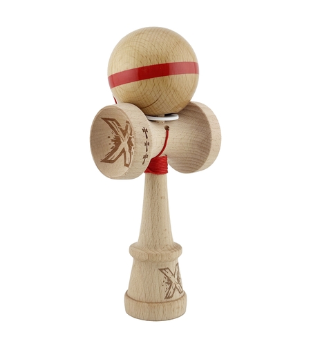 Kendama X Originala, Profesionala, Flippy, Super Sticky, Cupe Mari KING SIZE V3, Gaura in Baza, Rulment Metalic, din lemn 18 cm, Ata 62/65 cm, Original Rosu