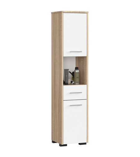 Dulap baie tip coloana cu 2 usi, 1 sertar si rafturi interioare, PAL laminat, 30x30x140 cm, stejar sonoma si alb
