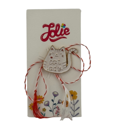 Martisor pentru copii, Jolie, Material Metal, Ambalaj Carton cu Design, Dimensiune Brosa Aproximativ 2x2 cm, Multicolor, cu Mesaj, Model Pisica