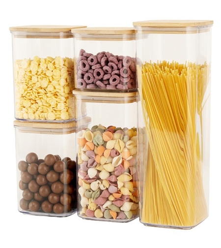Cutii de Depozitare Alimente, Flippy, Set din 5 Cutii de tip Container, Cutii pentru Cereale, din Plastic, Capac din Bambuc, 1pc 0.5 l. 2pc 0.8 l, 2pc 1.2 l, 1pc 1.9 l, Transparente