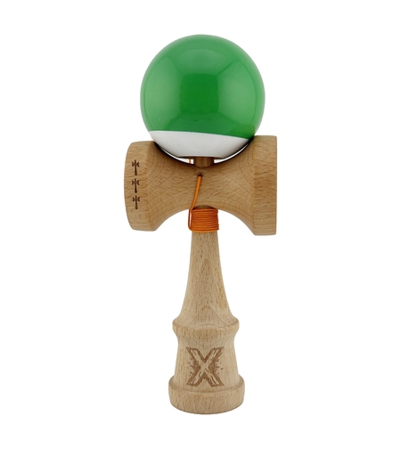 Kendama X Originala, Profesionala, Flippy, Big Cups V2, Super Sticky cu Cupe Mari, din lemn 18 cm, Rulment Metalic cu Ata 55 cm, Verde/Alb