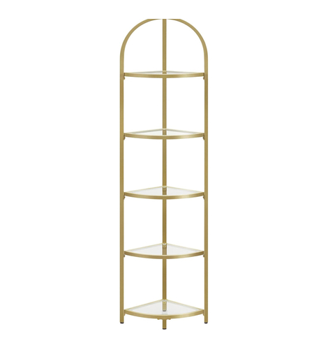 VASAGLE Raft de colt cu trepte pentru dormior, 5 etaje, din sticla securizata, cadru din otel, 28x28x158cm, auriu