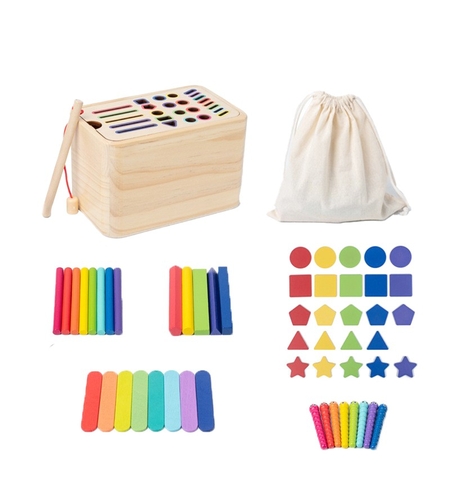 Jucarie Educativa Montessori Flippy din Lemn, Cutie Sortare Forme, Culori si Betisoare, Joc de Insirare, 56 piese, Dezvoltare Motricitate Fina, Copii 3+ ani, Multicolor
