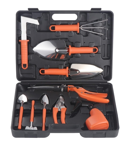 Set 10 Unelte de Gradina, Flippy, pentru Plantare Prelucrare Sol si Ingrijire Plante, Manere Portocalii, Material PVC si Otel Inoxidabil, Cutie Inclusa, 37x28x7 cm, Negru